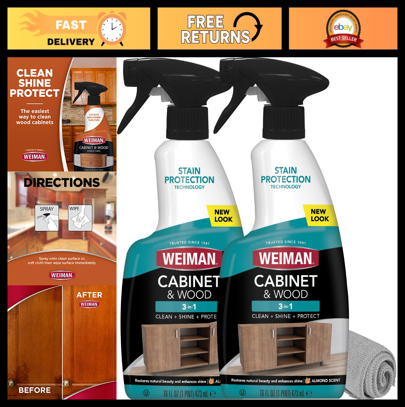 Wood Cleaner Spray for Cabinets & Furniture – Shine, Protect, 16 oz, 2 Pack + To