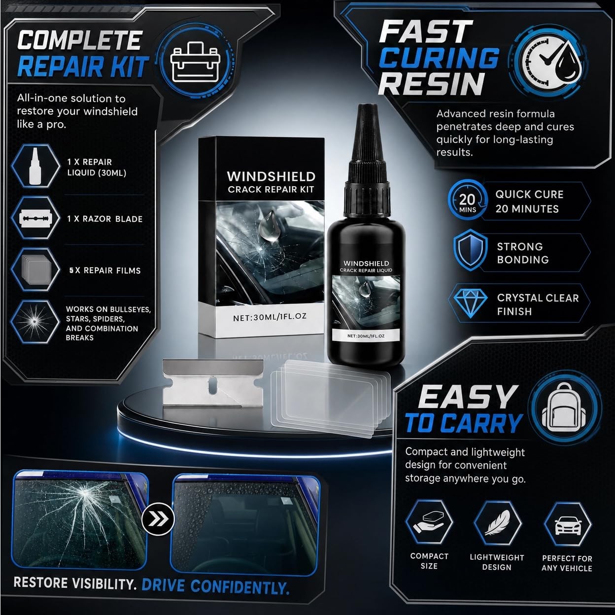 Windshield Crack Repair Kit Automotive Windshield DIY Resin Formula Fast Cure