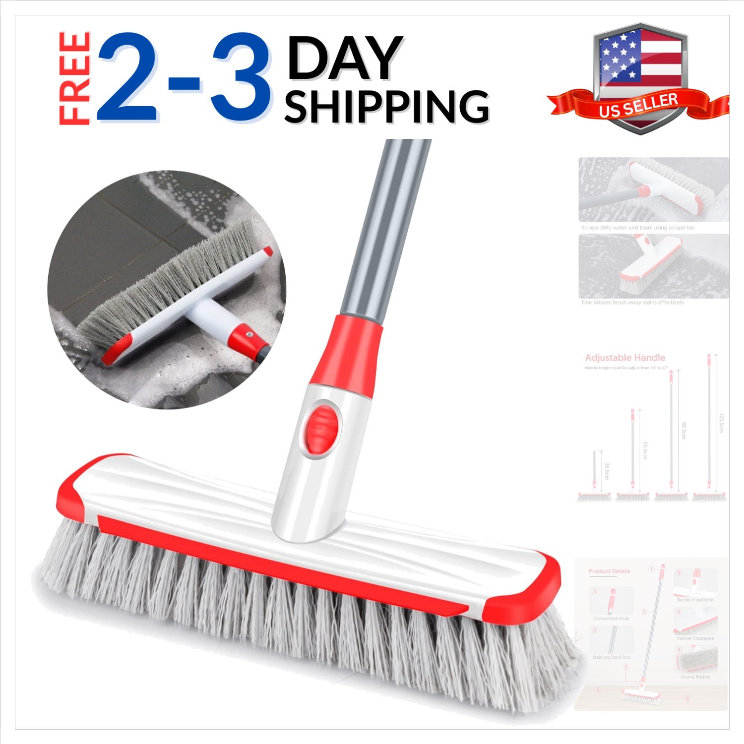 Floor Scrubber with Long Handle, 2 in 1 Scrubbing Brush Stiff Bristle Shower …
