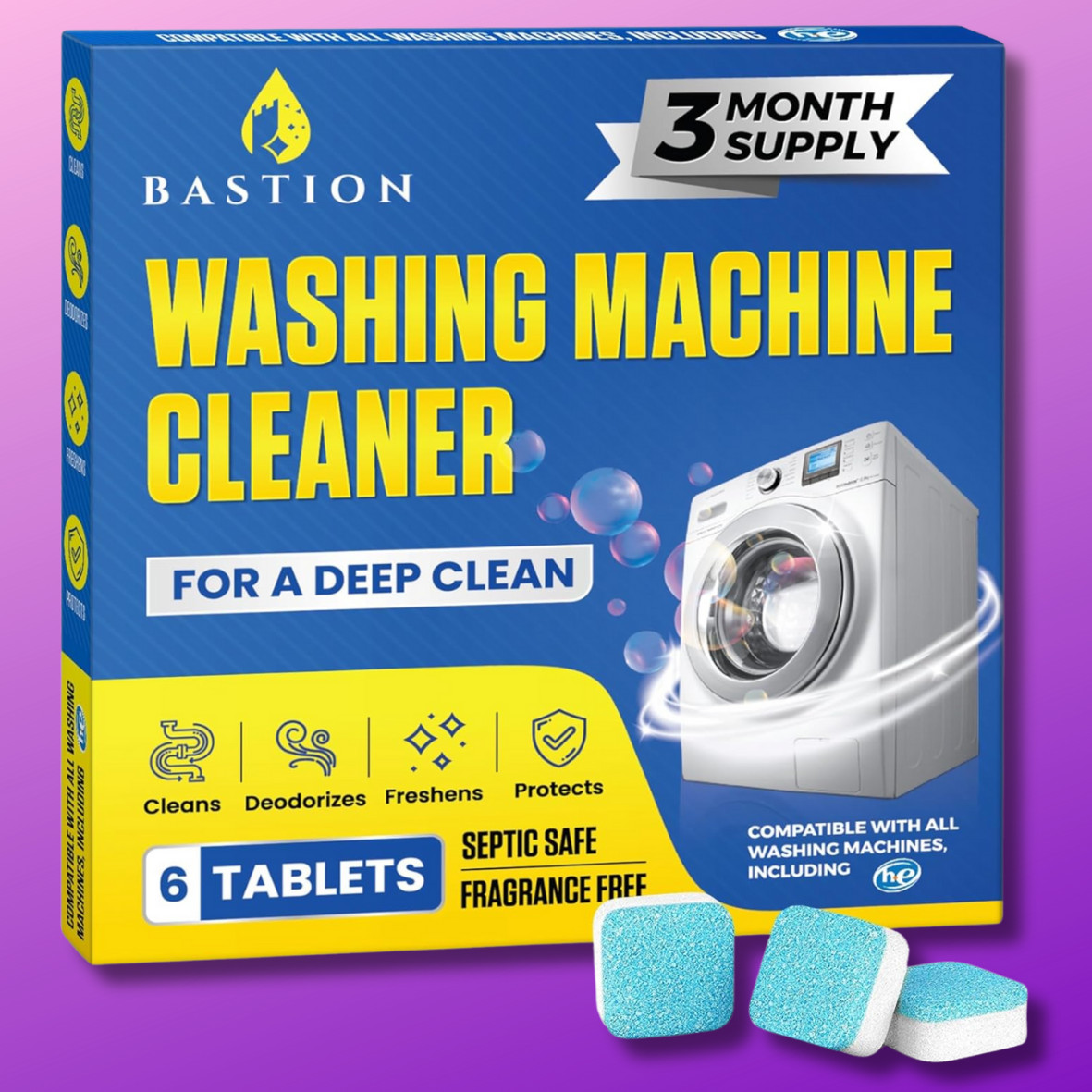 Washing Machine Cleaner, Deodorizer, & Descaler 6-Pack – 3 Month Supply