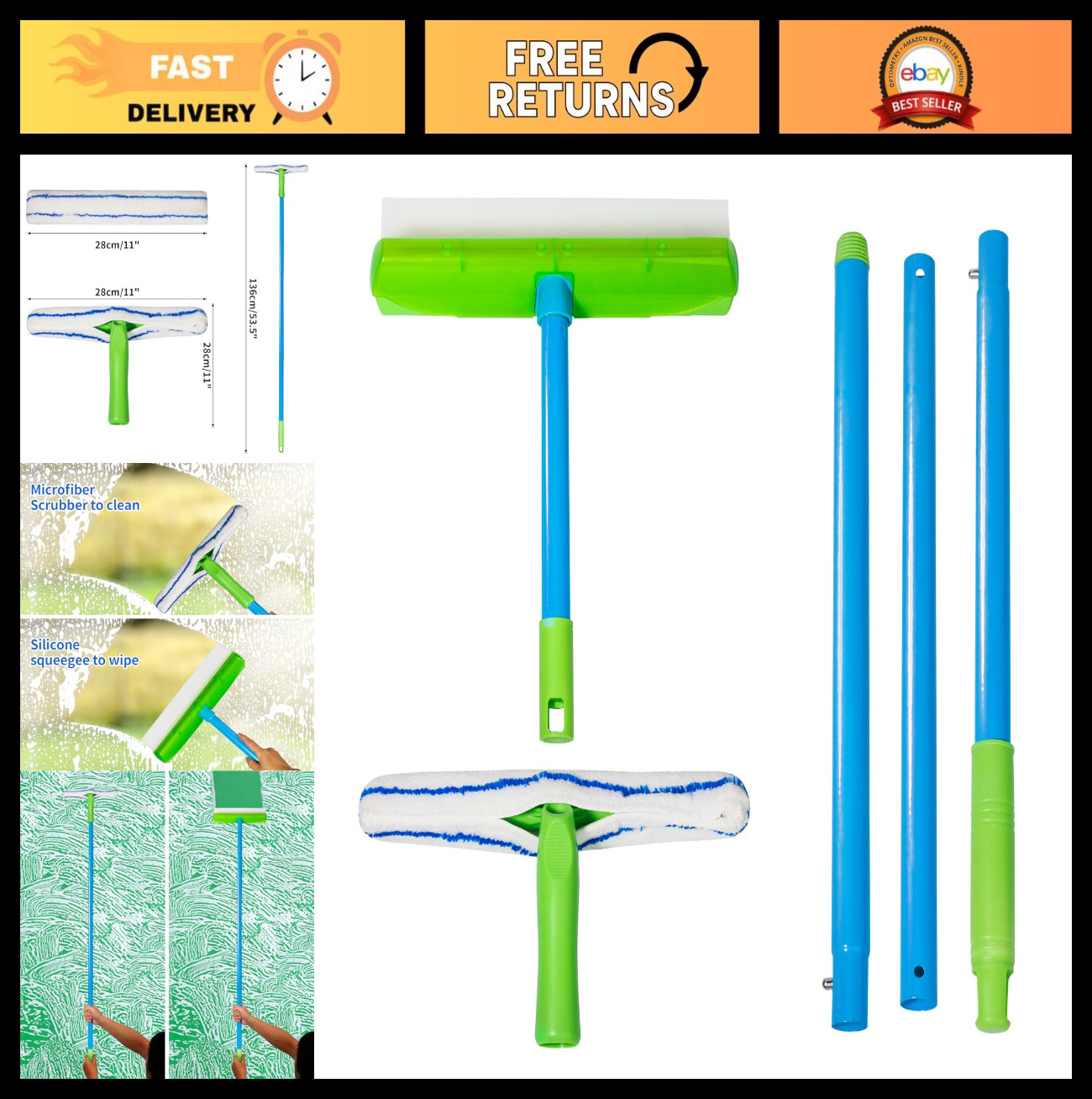 Flexible Silicone Squeegee T-Bar Water Blade with Long Handle for Car & Home Gla
