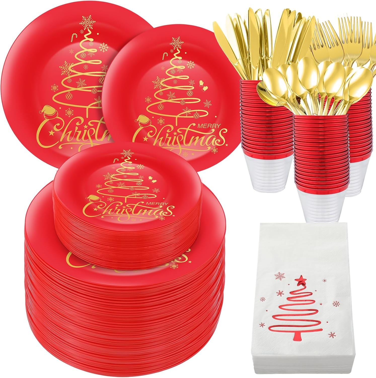 Shellwei Christmas Plastic Dinnerware Set, Xmas Disposable Plates Includes 40
