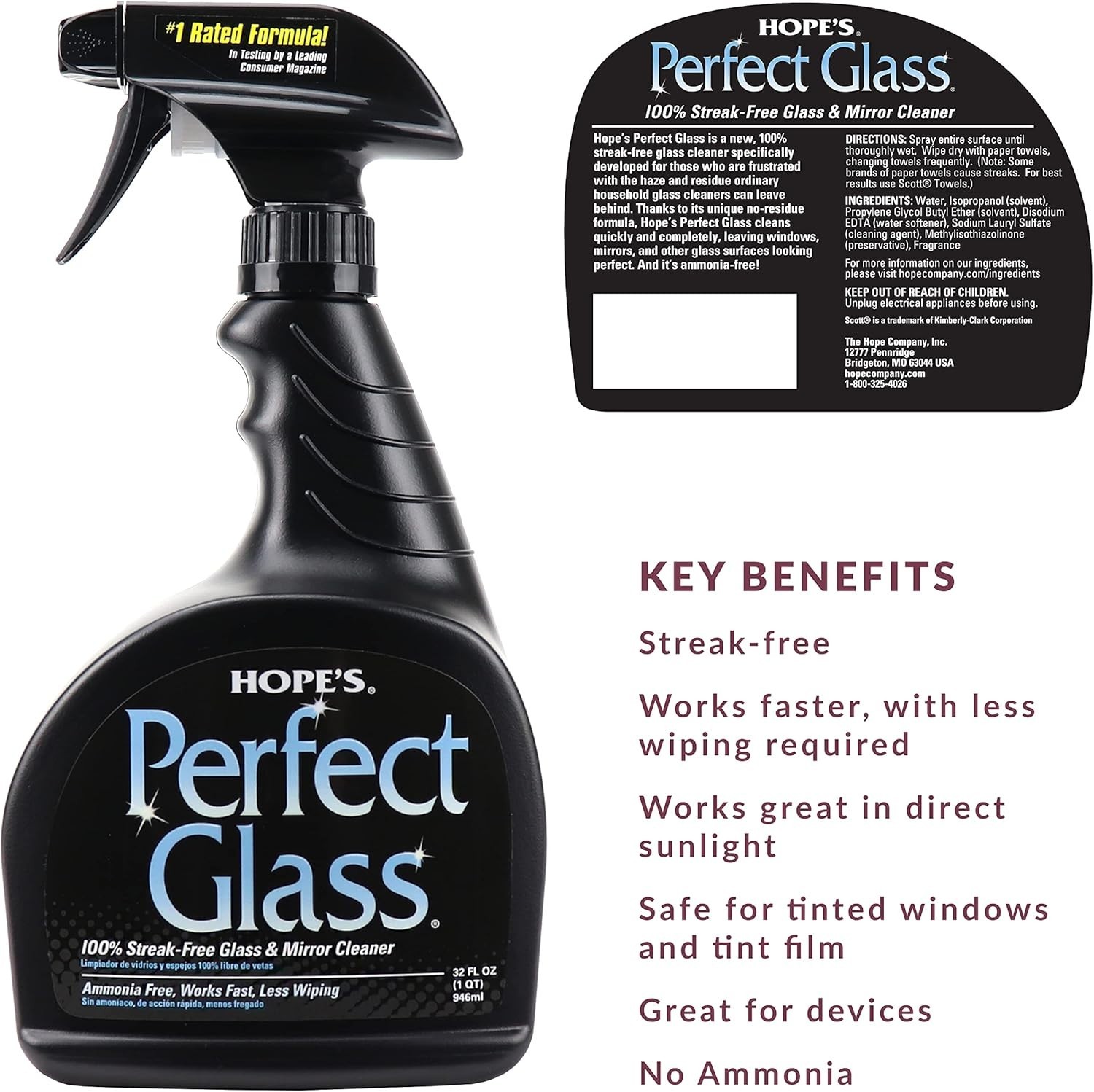 Streak-Free Glass Cleaner, Ammonia-Free, 32oz Spray Bottle