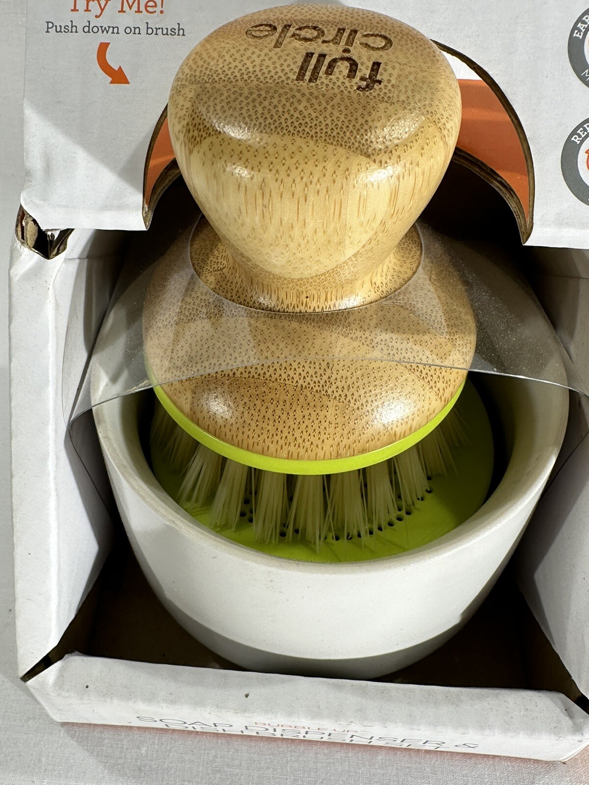 NEW Full Circle White/Green Bubble Up Soap Dispenser & Dish Brush Set