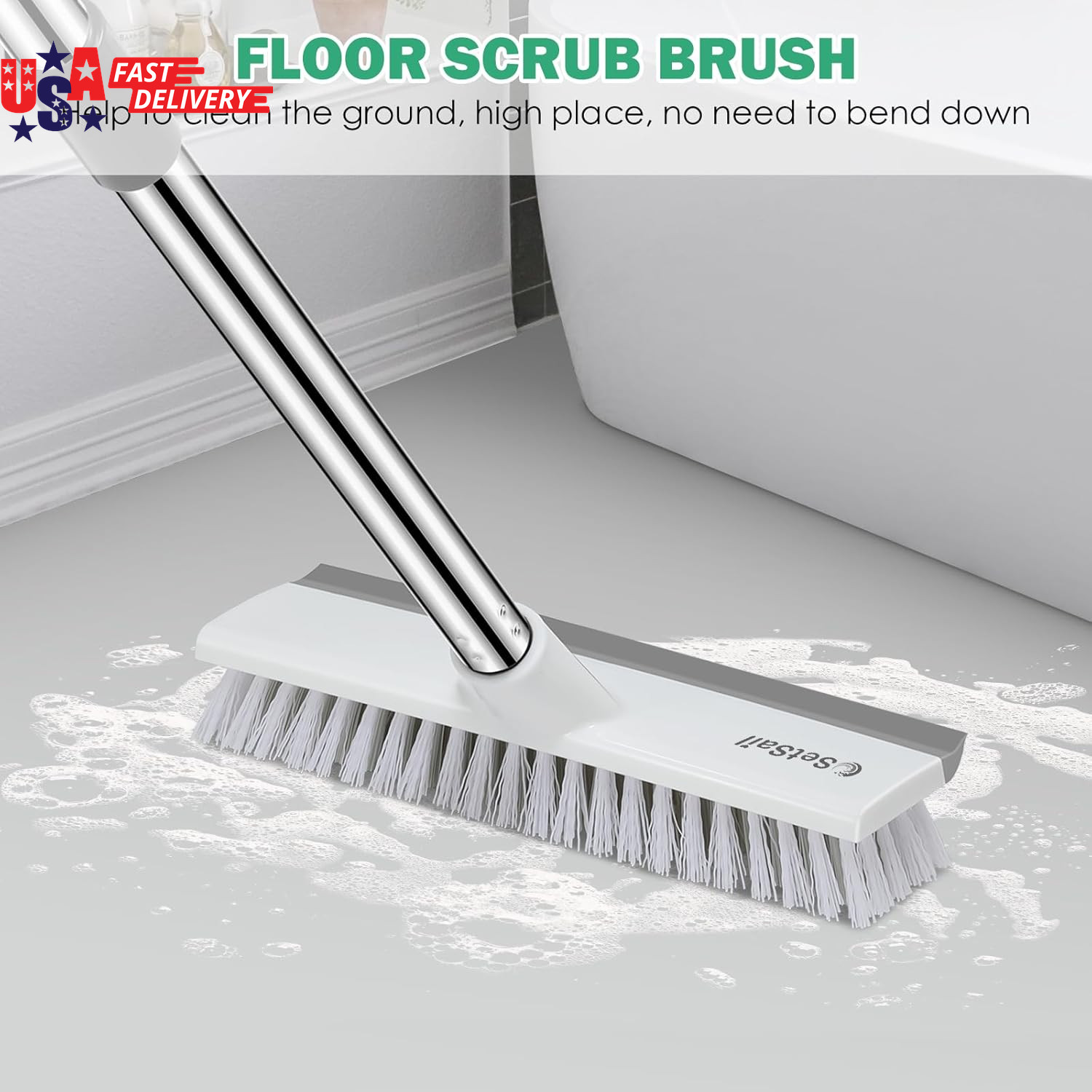 Floor Scrub Brush with 51-Inch Long Adjustable Handle 2 in 1 Scrape Brush Stiff