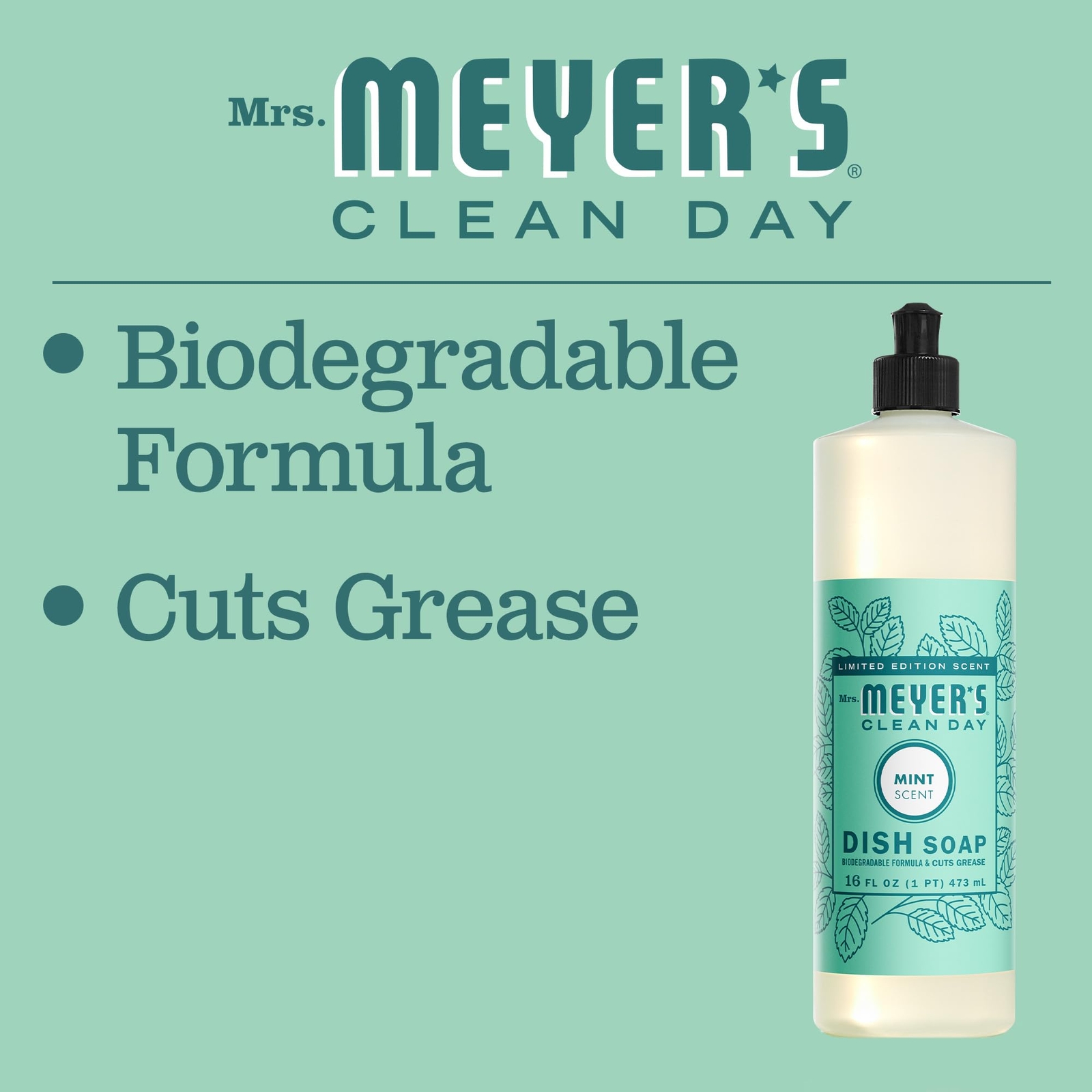 Mrs Meyer’s Clean Day Mint Dish Soap 16 Fl Oz Pack of 3 Plant Based Grease Cu…