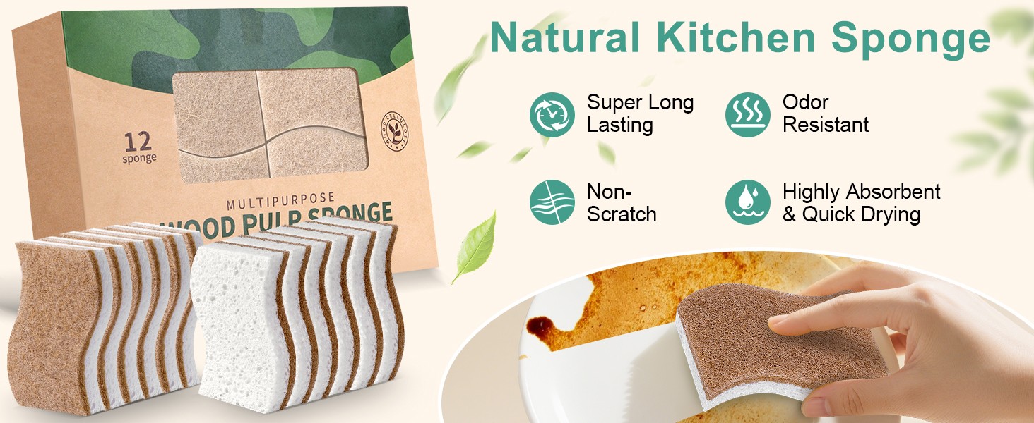 12Pack Natural Kitchen Sponge, Biodegradable Cellulose and Coconut Scrubber, Eco