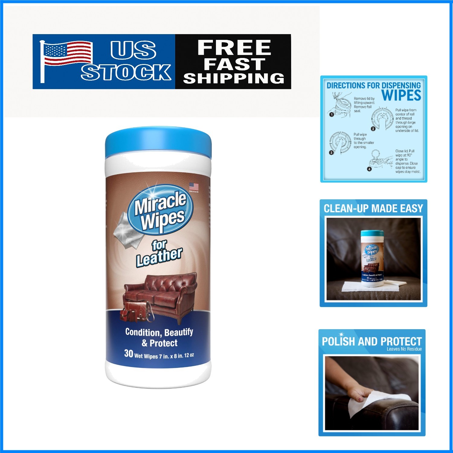 Multi-Purpose Leather Care Wipes – Cleans, Protects, and Moisturizes – 30 Count