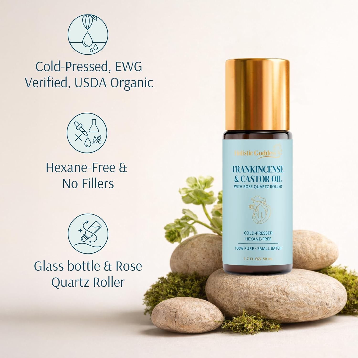 Holistic Goddess Organic Frankincense & Castor Oil Roll-On with Rose Quartz Ro