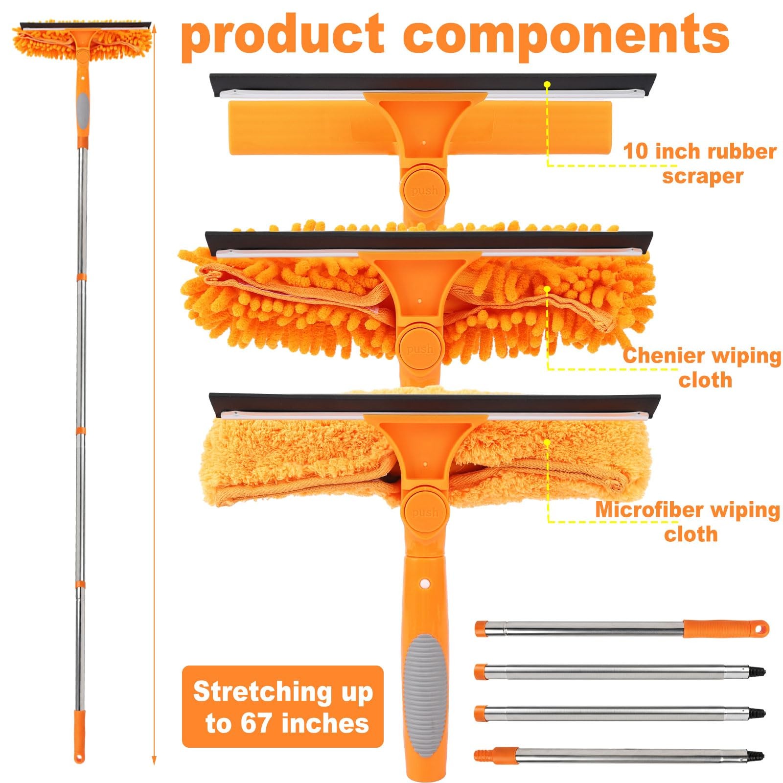 Professional 67″ Window Squeegee, 3-in-1 Rotatable Squeegee for Window Cleani…