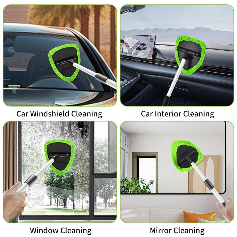 Car Windshield Cleaning Tool 23″ Extendable Handle 4 Reusable Pads In&Out Use
