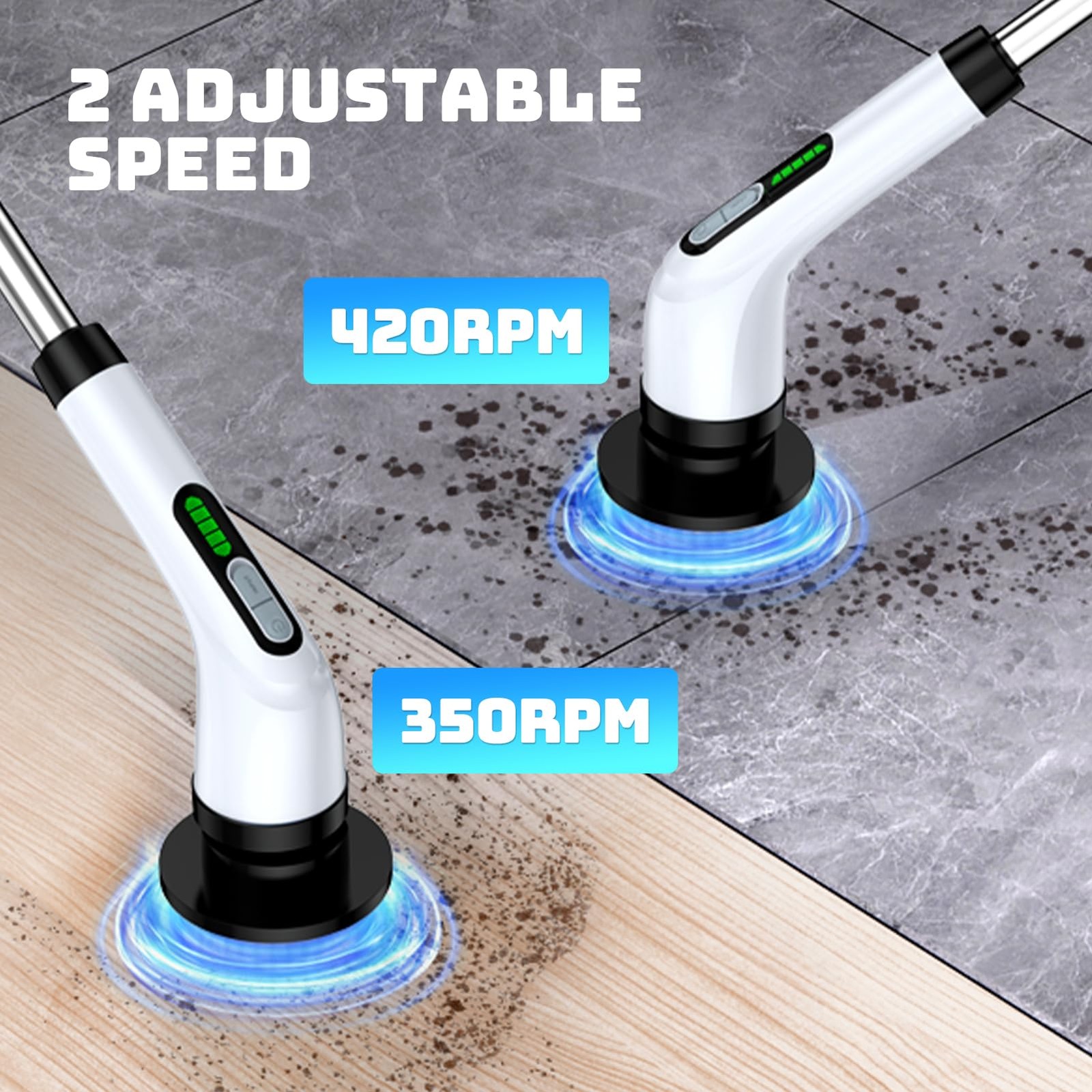 Electric Spin Scrubber, 2Speed Cleaning Brush, Extendable Handle White