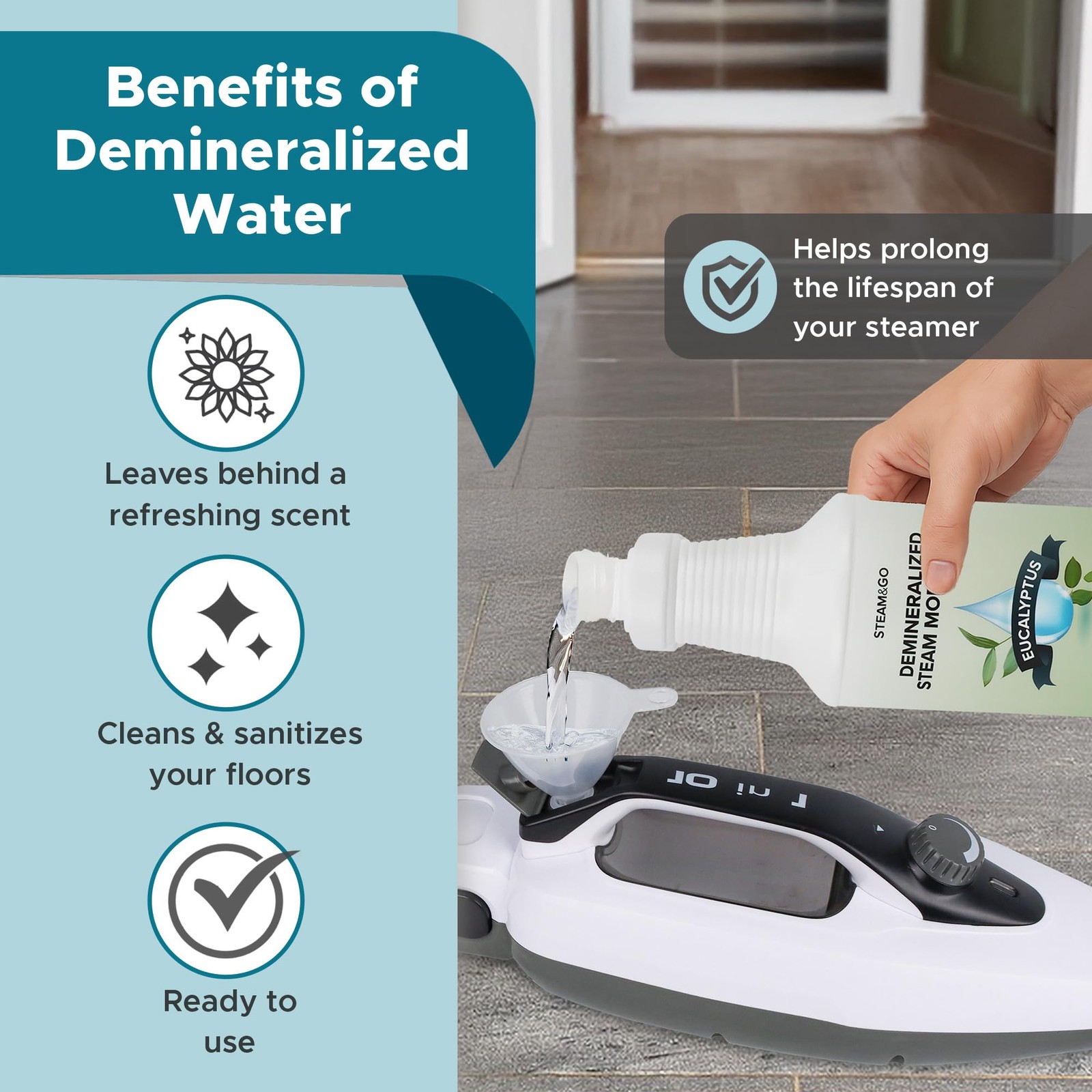 Steam Go – Demineralized Water for Steam Cleaner, PVC-Free Floor Cleaner