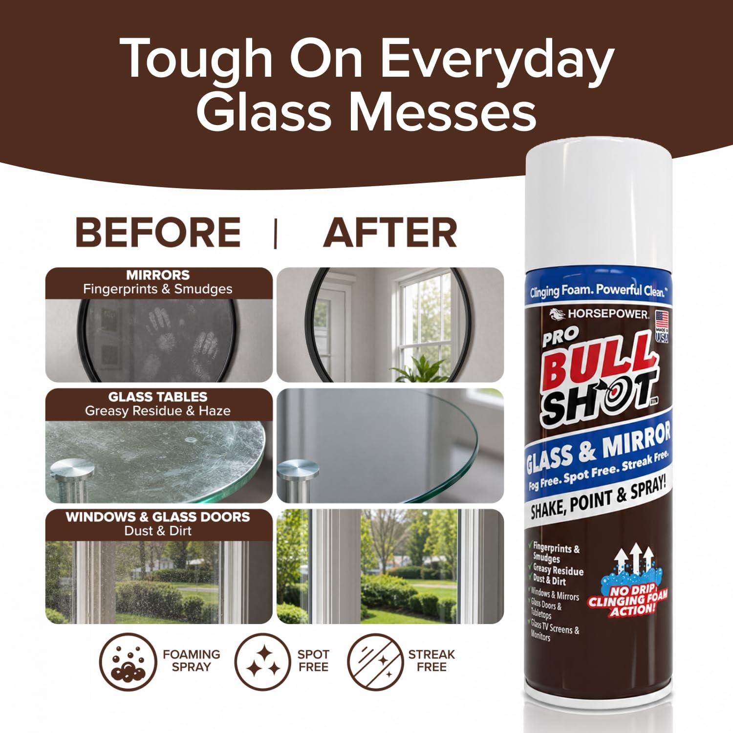Bull Shot Glass & Mirror Cleaner, As Seen On TV, No-Drip Foaming Glass Cleane…