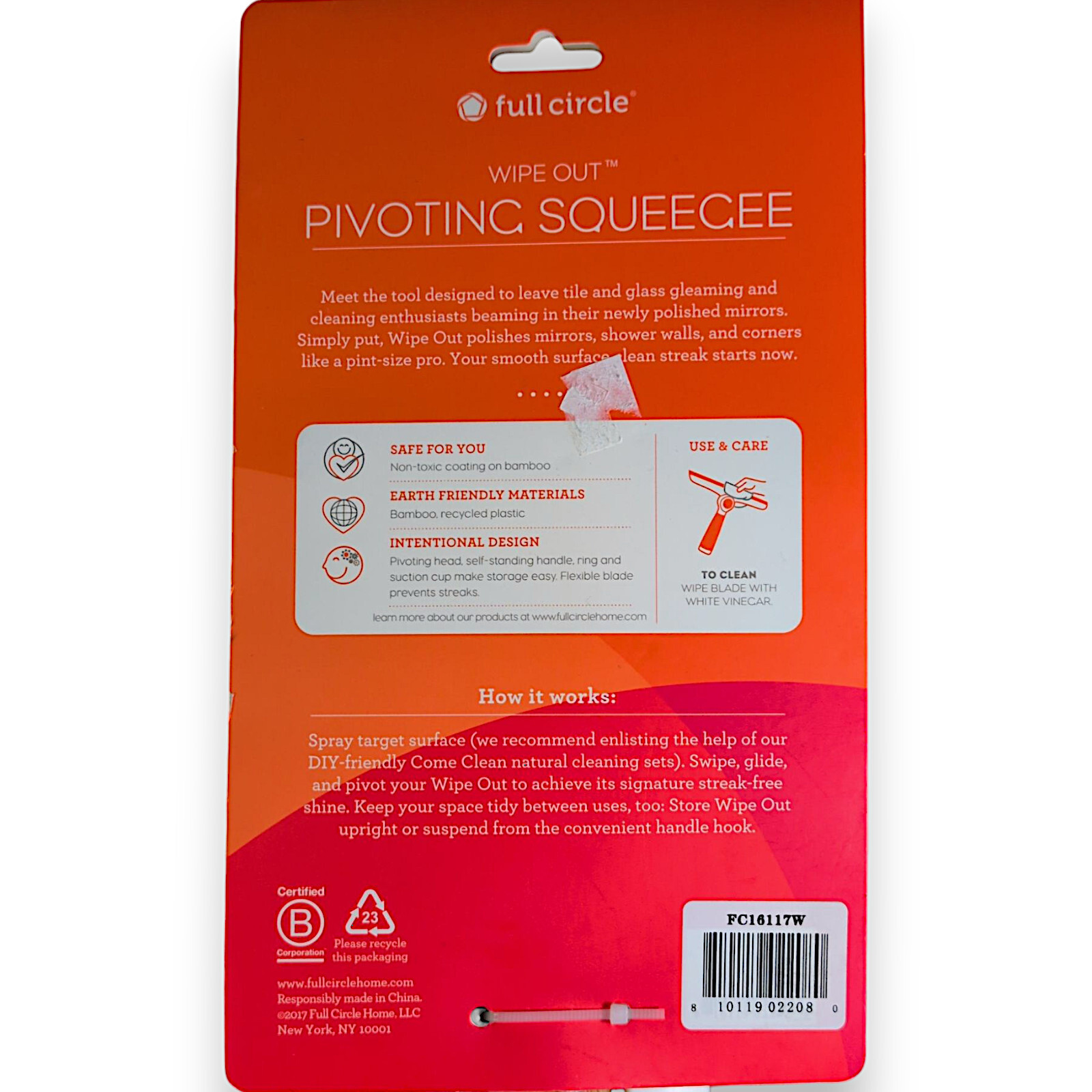 Full Circle Wipe Out Pivoting Shower Squeegee With Hanging Hook 2 Piece White
