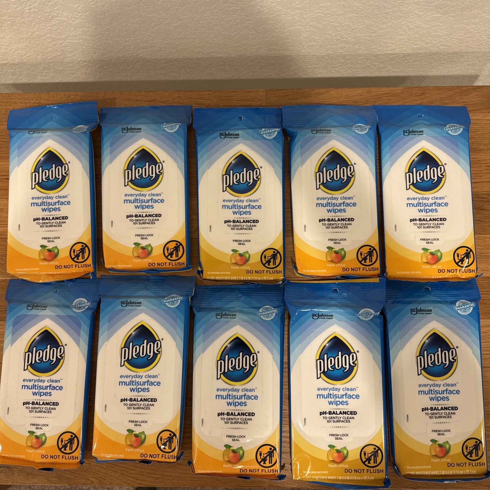 Pledge Multi-Surface Wipes, Lot Of 10 Packs Of 25 Fresh Citrus/NEW/Sealed