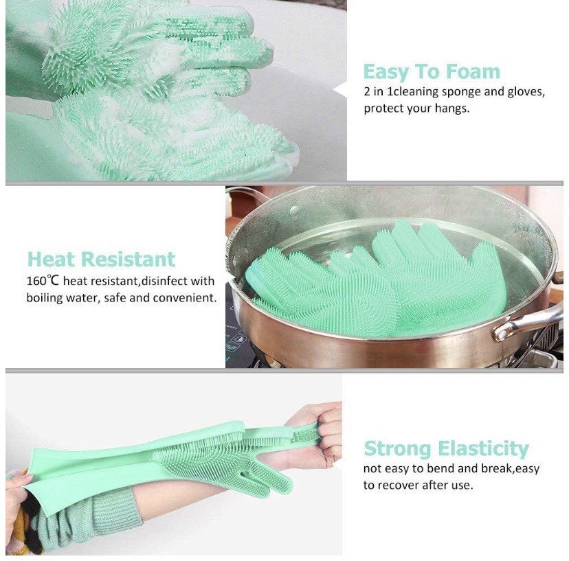 JWQ Dishwashing Silicone Scrubber Gloves with Bristles 2 Pairs