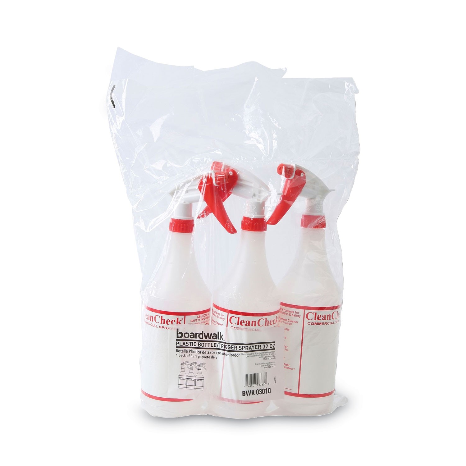 Boardwalk® Trigger Spray Bottle, 32 oz, Clear/Red, HDPE, 3/Pack