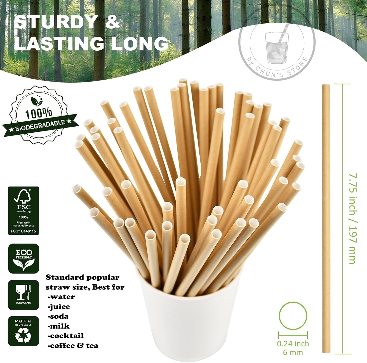 Brown Kraft Paper Drinking Straws, 7.75″ Long, 0.24″ Wide – Individually Wrapp