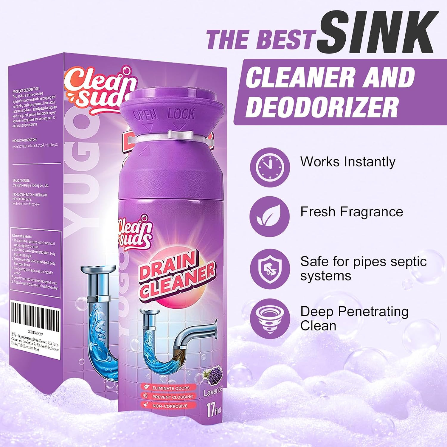 Foaming Sink Drain Cleaner Deodorizer& Clog Remover (Lavender, 2Pcs) | Foaming