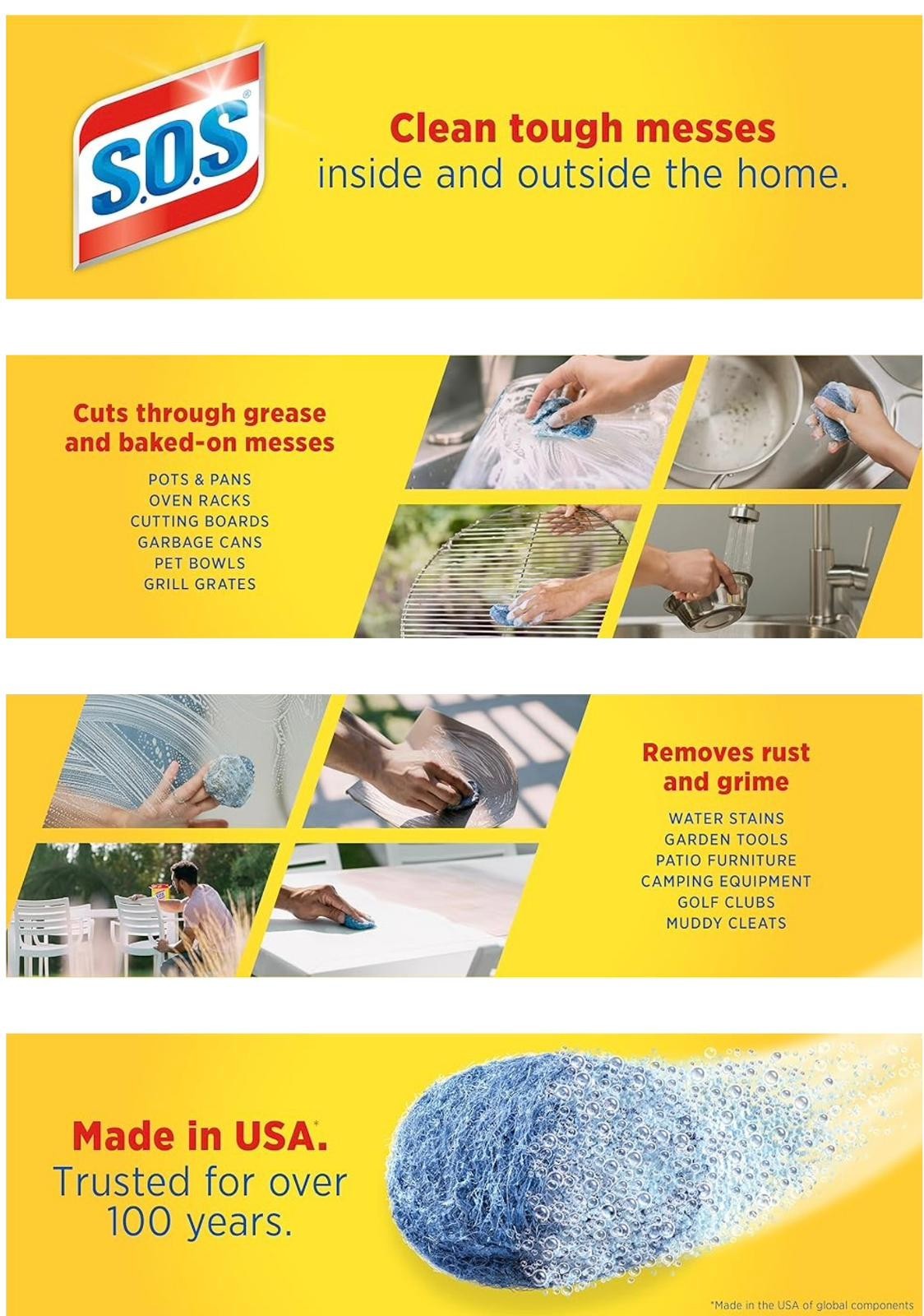 S.O.S Steel Wool Soap Pads 4 Pack 40 Total Pads Heavy Duty Cleaning Scrubber