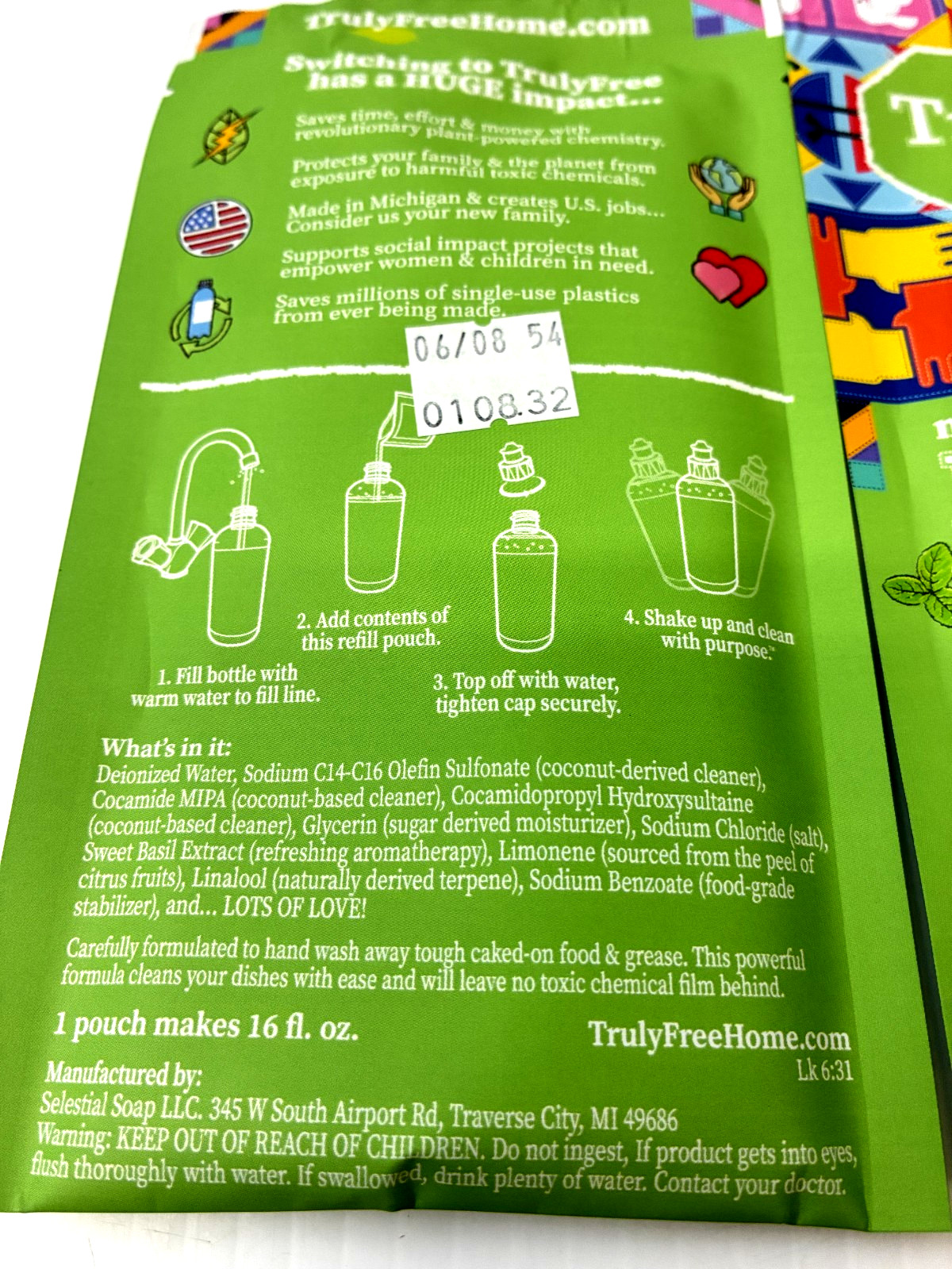 Truly Free Non Toxic Dish Soap Sweet Basil 2 Pack Refill & Bottle Eco Friendly