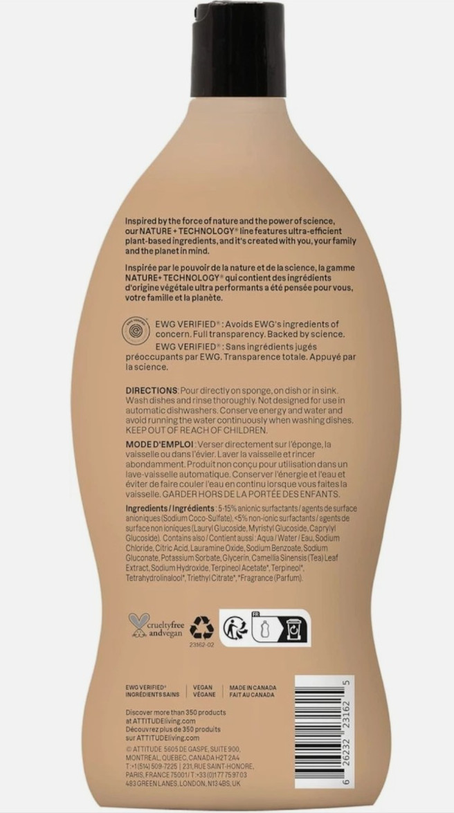 ATTITUDE Dish Soap, EWG Verified, Plant-Based & Vegan Dishwashing Liquid New