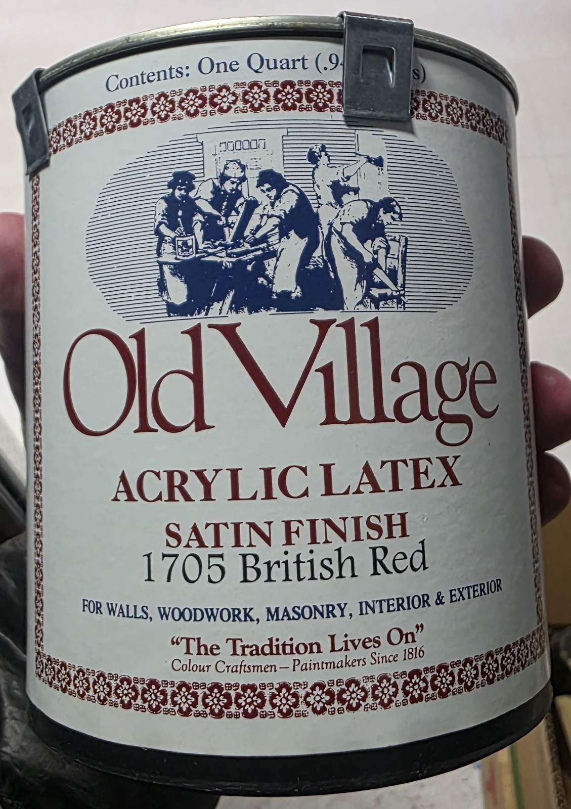 Old Village Acrylic Latex Paints, Satin Finish 1705 British Red, 1 Quart Sealed