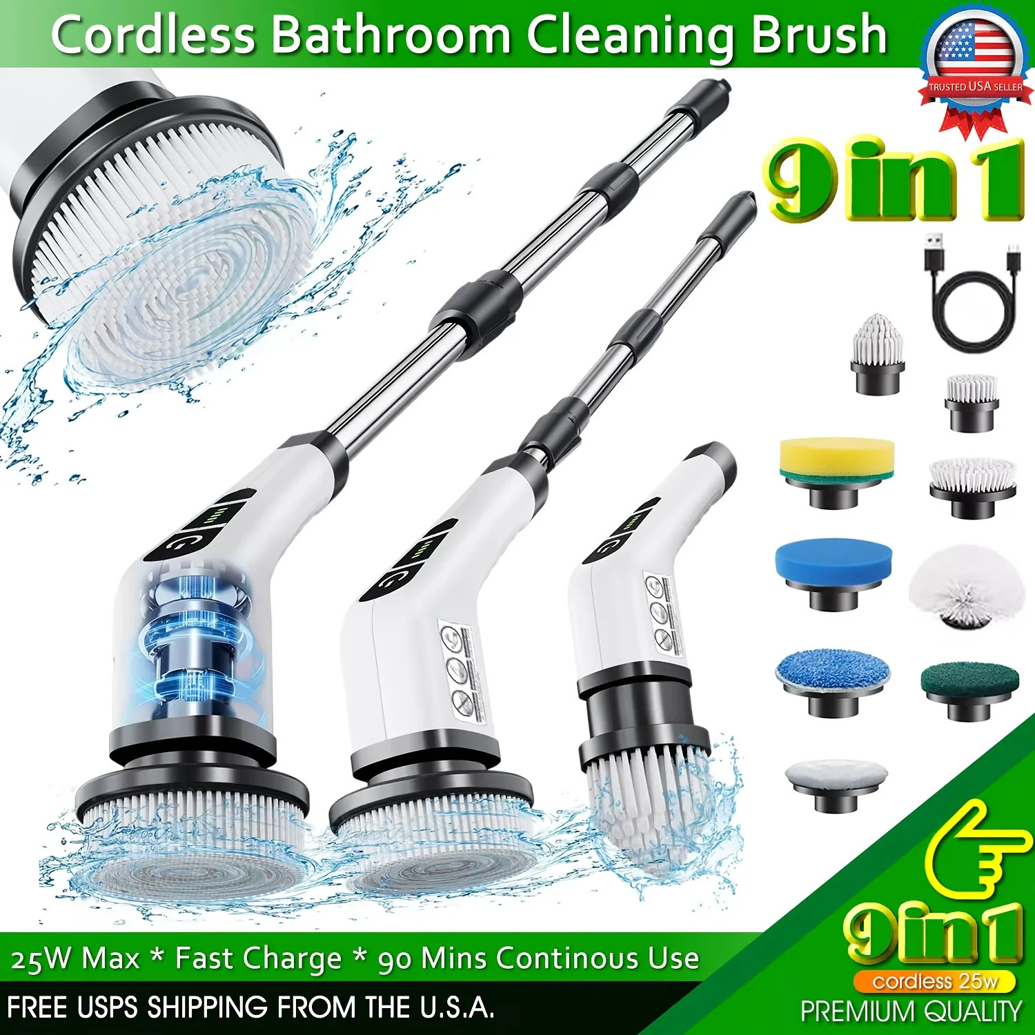 9 IN 1 Electric Spin Scrubber Cordless Power Cleaning Brush Rechargeable cleaner