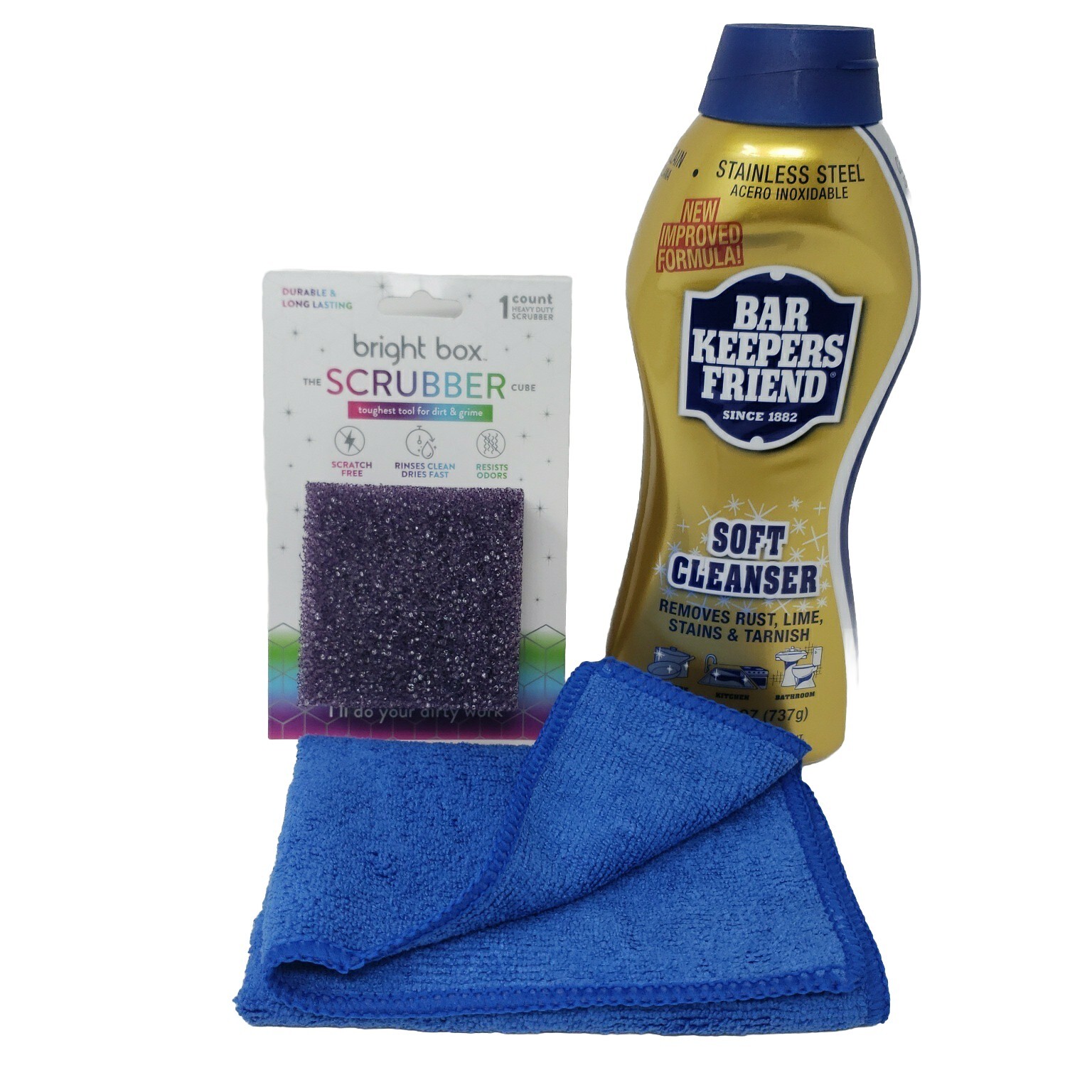 Bar Keepers Friend Soft Cleanser 26oz Bright Box Scrubber Cube& Microfiber Cloth
