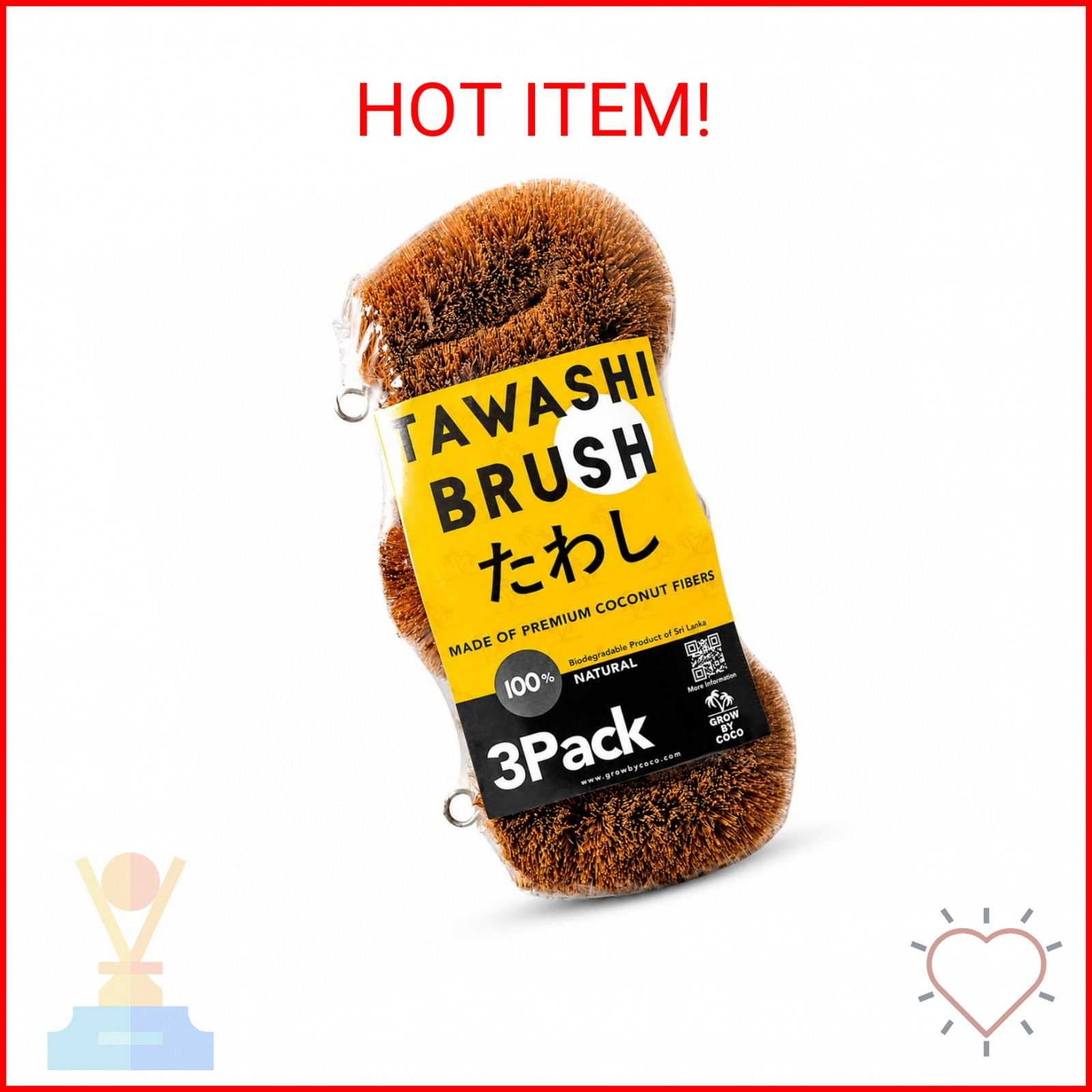GrowByCoco Pack of 3 Tawashi Vegetable Scrub Brush,100% Natural Coconut Coir Fib