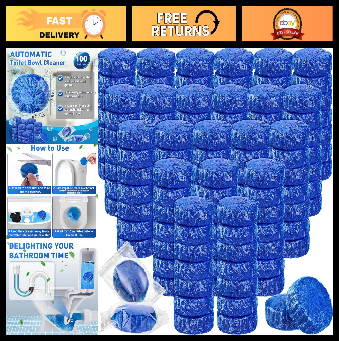 100 Pack Automatic Toilet Cleaner Tablets – Long Lasting Bathroom Tank Blue Tabl