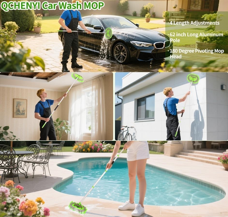 62” Microfiber Car Wash Brush Mop Kit Sponge with Long Handle