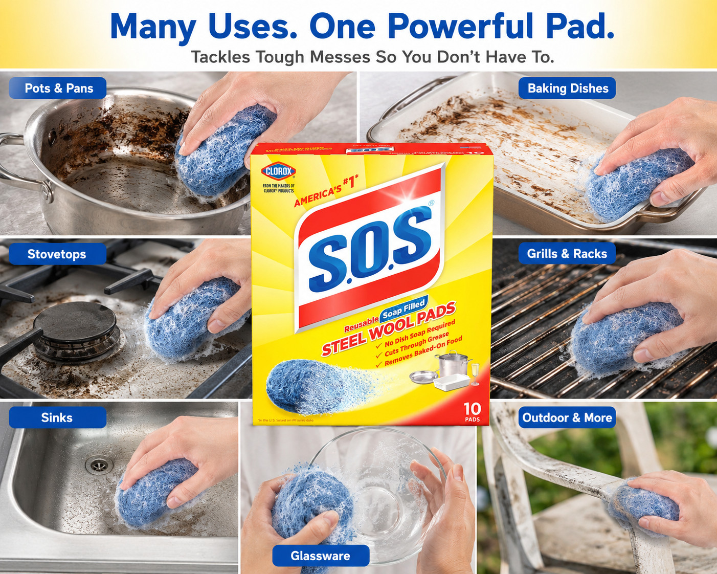 S.O.S Steel Wool Soap Pads 4 Pack 40 Total Pads Heavy Duty Cleaning Scrubber