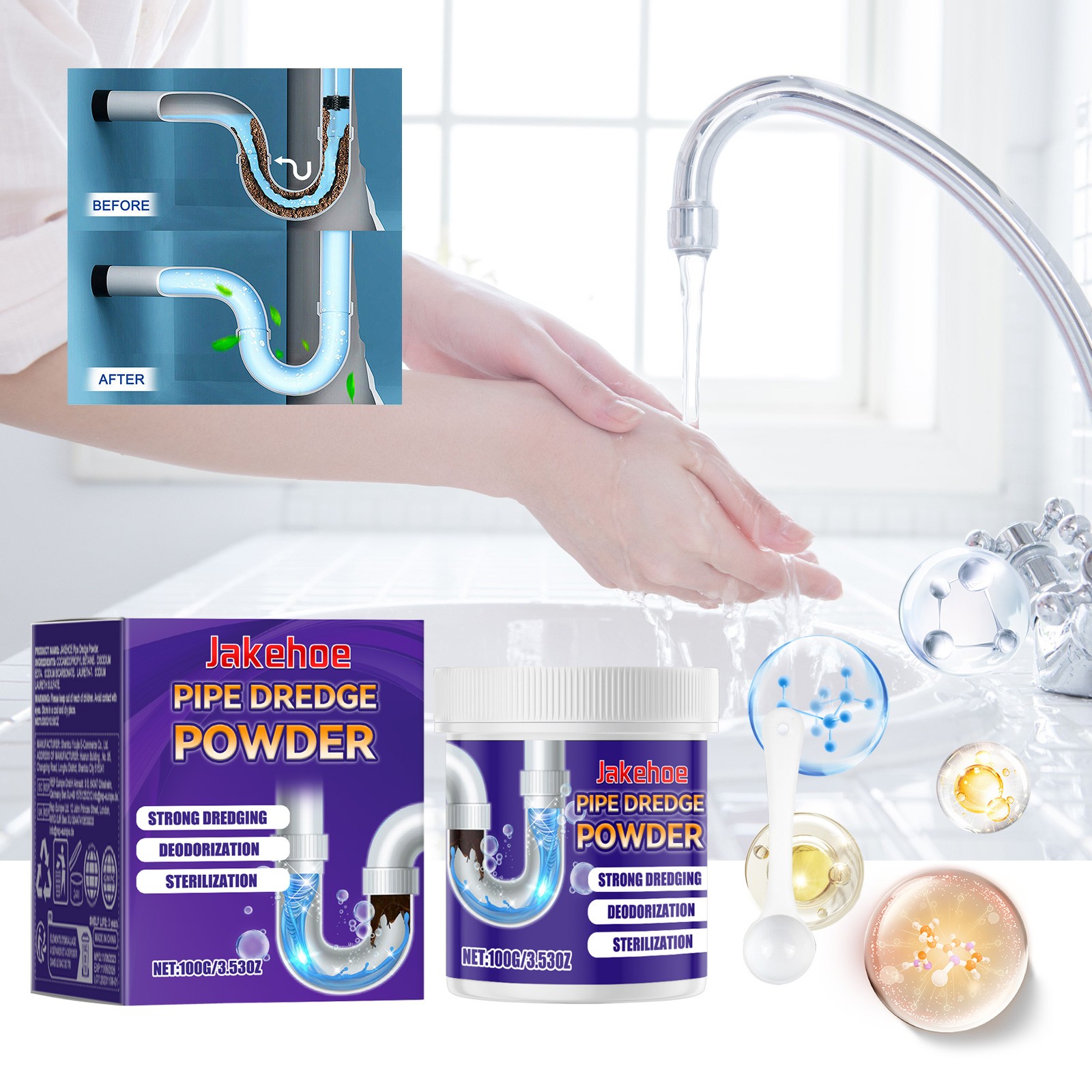 JAKEHOE Pipe Dredge Powder, Household Kitchen And Bathroom Drain Water Clogging