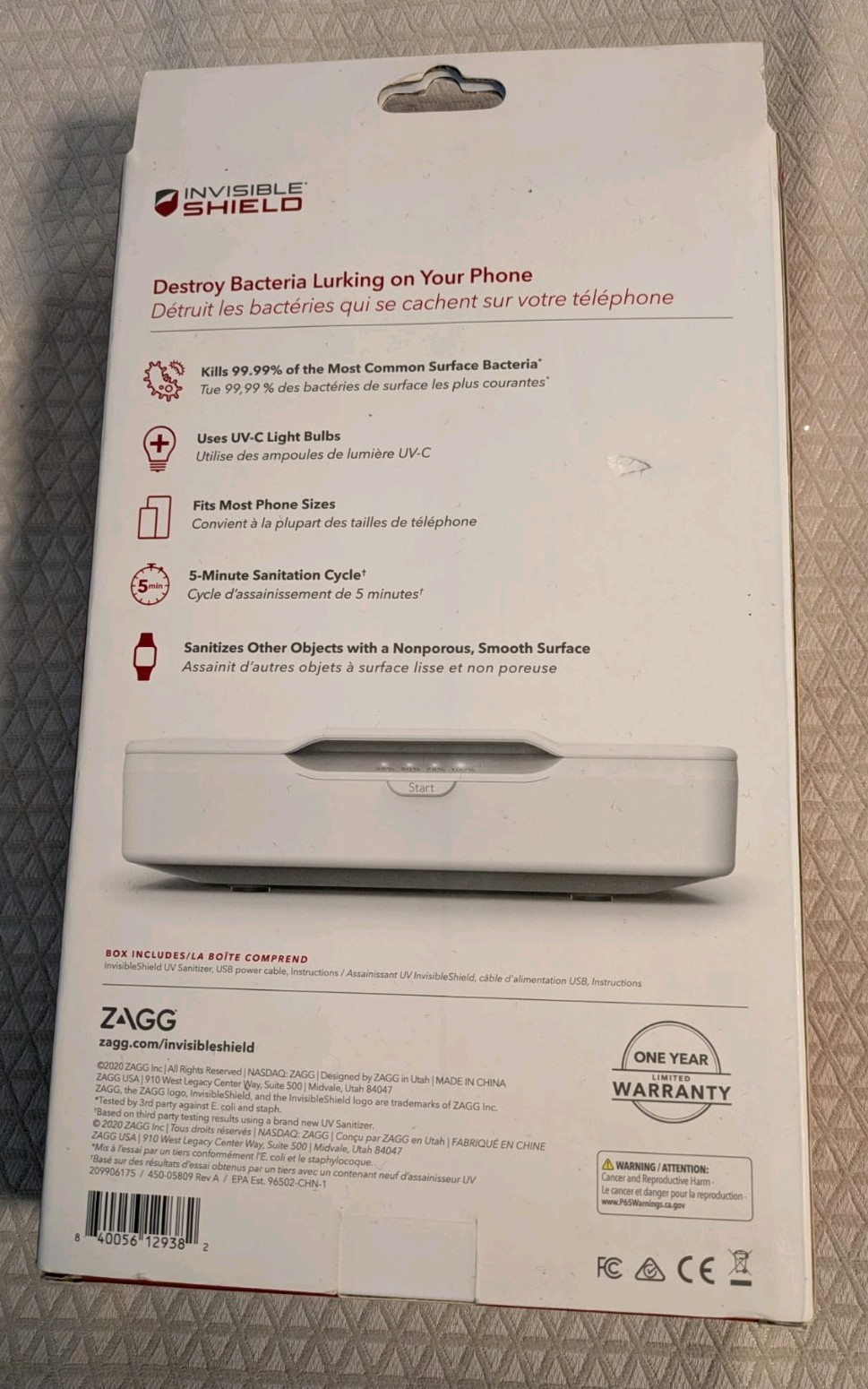 ZAGG Invisible Shield UV Phone Sanitizer Cleaner – White – BRAND NEW in BOX