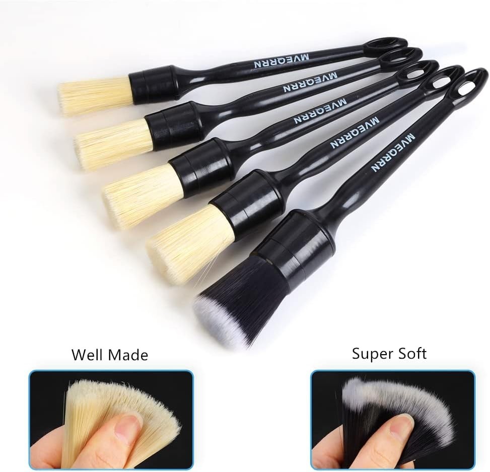 Car Detailing Brush Set 5pcs Boar Hair Scratch-Free Interior and Exterior