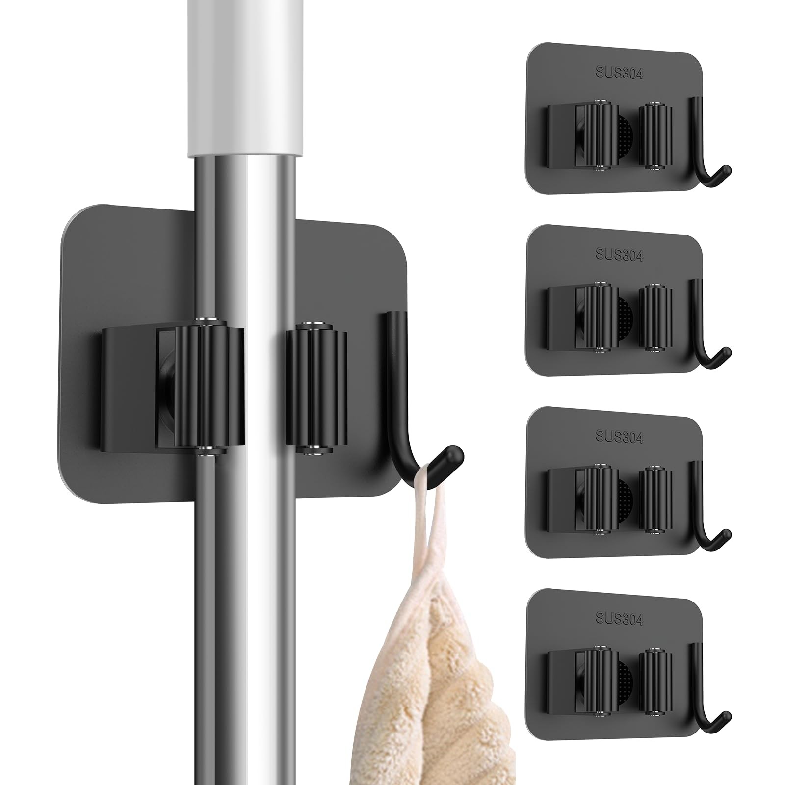 4 Pack No Drill Broom Mop Holder Wall Mount Stainless Steel Organizer Hooks Blac