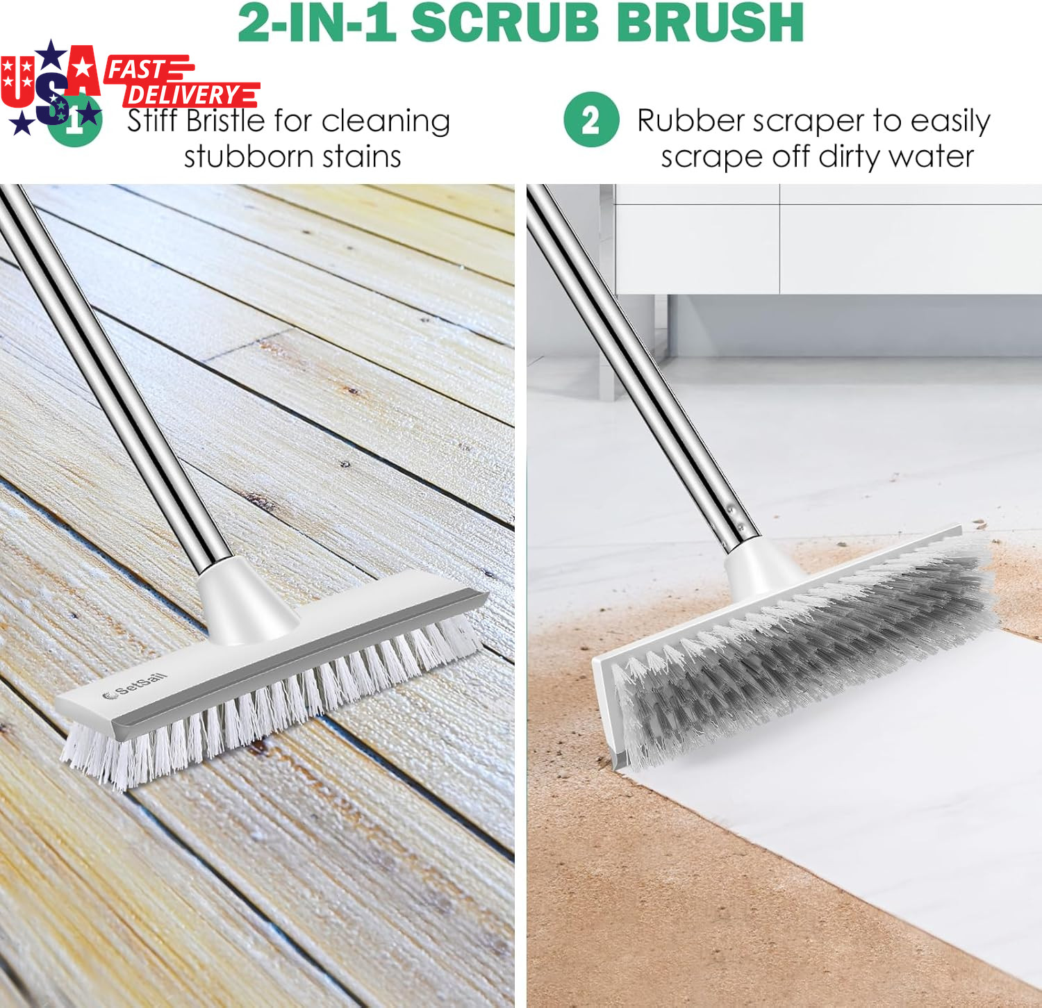 Floor Scrub Brush with 51-Inch Long Adjustable Handle 2 in 1 Scrape Brush Stiff
