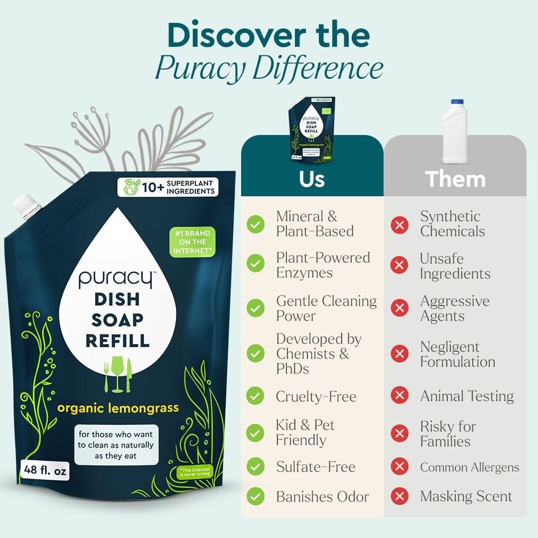 Puracy Natural Dish Soap Refill, Skin-Softening Plant-Based Liquid lemograss
