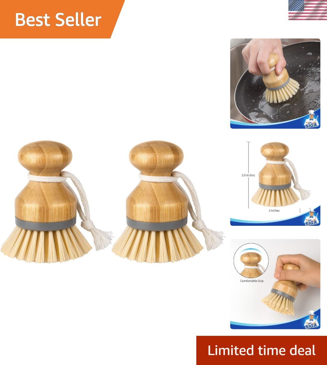 Bamboo Palm Brush, Scrub Brush for Dishes Pots Pans Kitchen Sink Cleaning, Pa…
