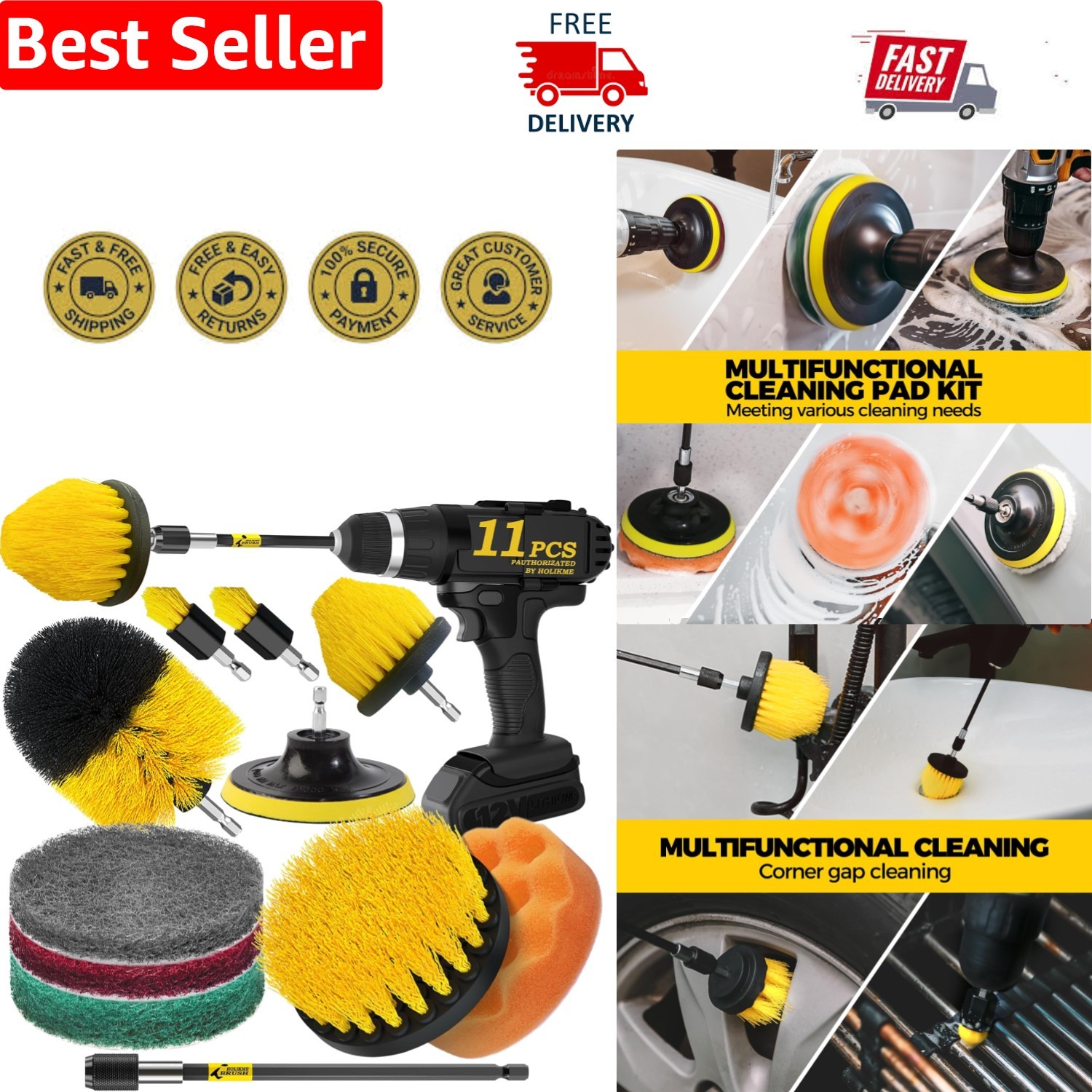 Versatile 11-Piece Power Scrubber Brush Set for Fast Bathroom & Kitchen Cleaning