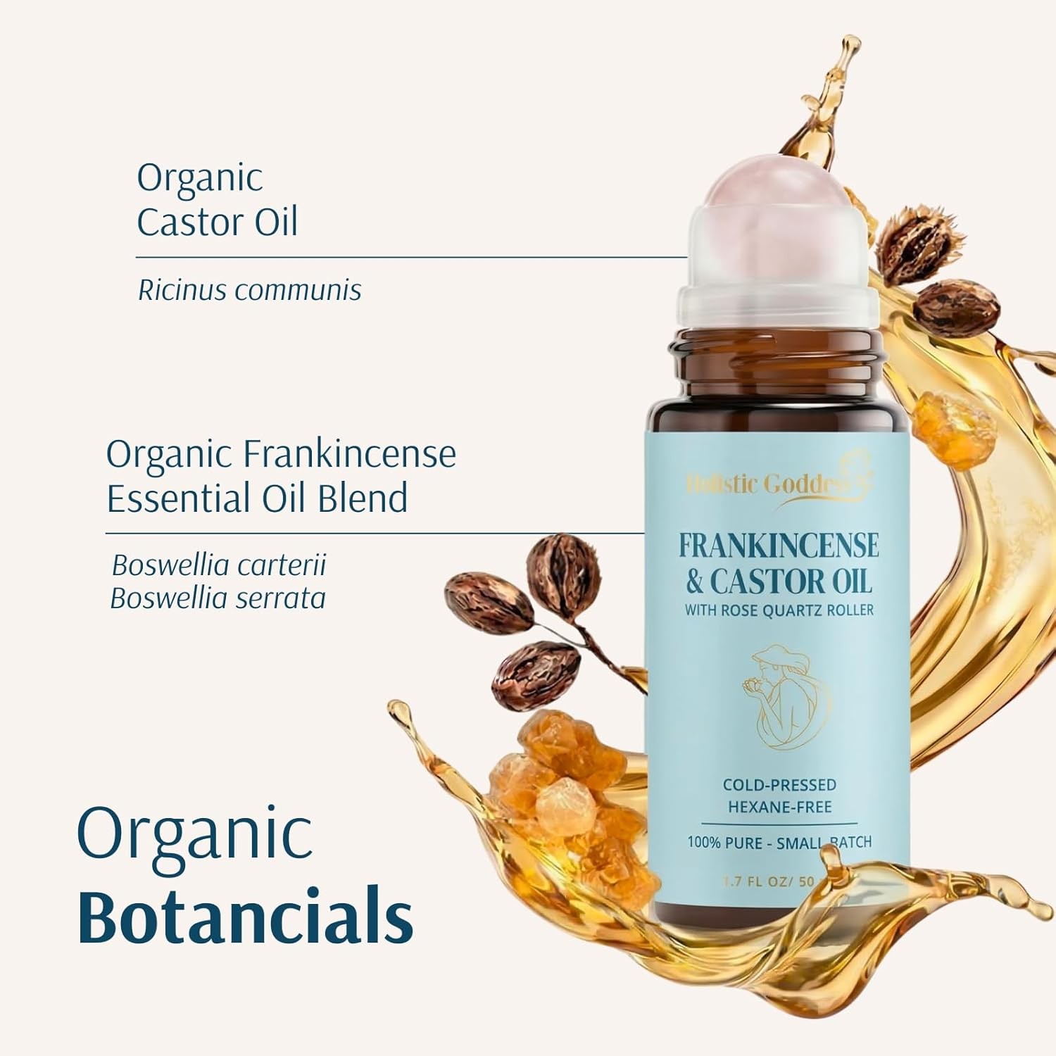 Holistic Goddess Organic Frankincense & Castor Oil Roll-On with Rose Quartz Ro