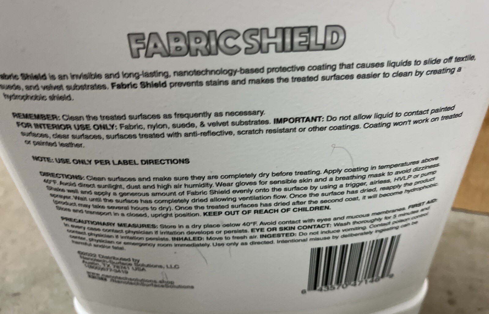 Nanotech FABRIC SHIELD Hydrophobic Coating For Fabrics, Suede Etc. 1 Gal. New