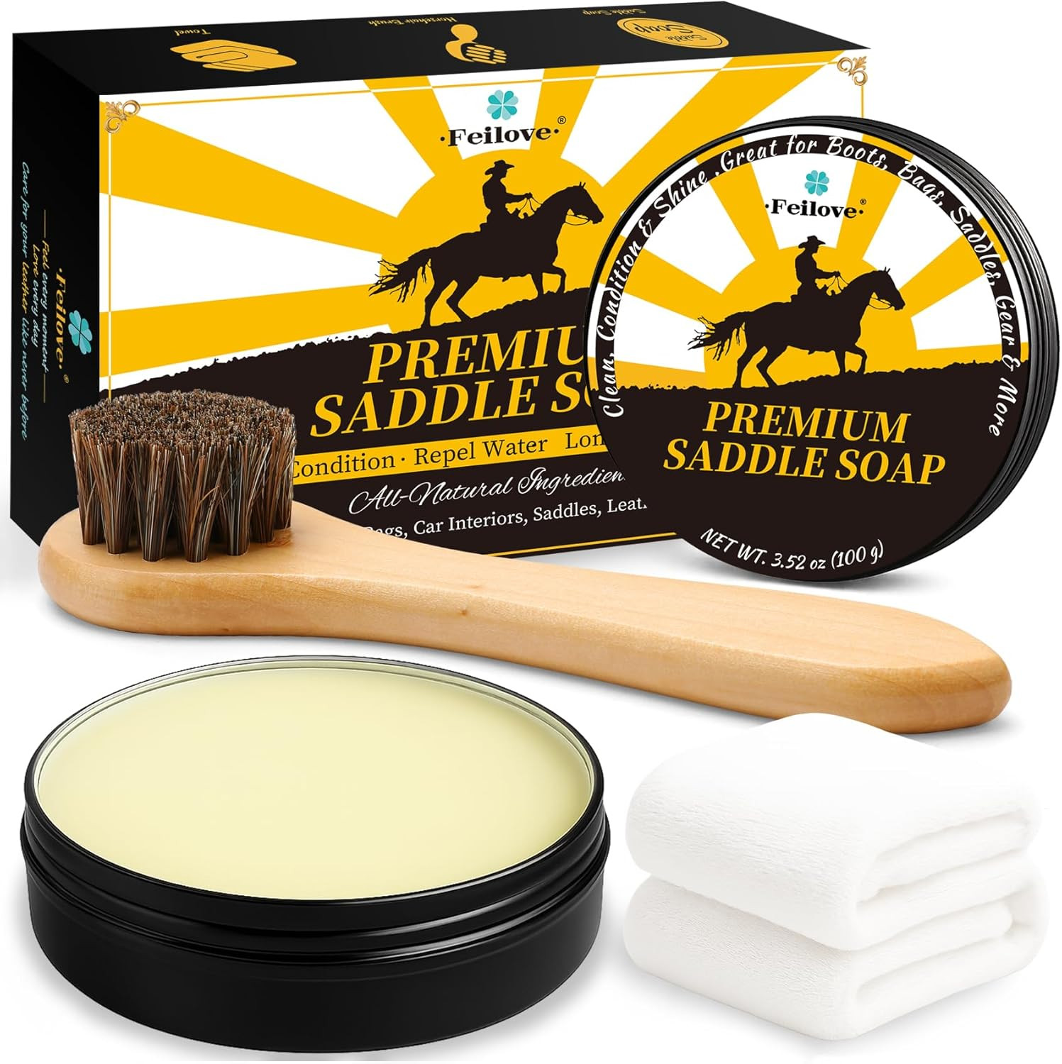 Saddle Soap Leather Cleaner & Conditioner Kit w/ Brush & Cloth – 3.52oz