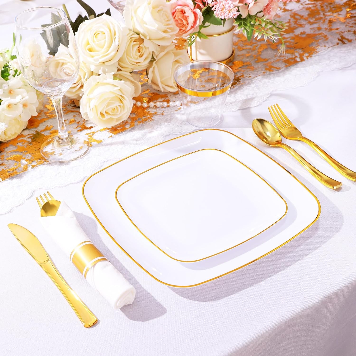 Sylans 350PCS Square Disposable Dinnerware Set for 50 Guests, Gold Plastic Pla