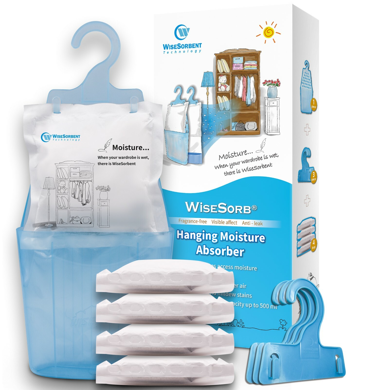 Moisture Absorber Hanging Bags Hanging Closet Dehumidifier Bags-Pack of 4 Pack