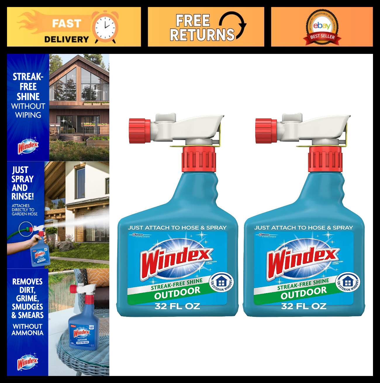 Outdoor Window & Glass Cleaner for Hose – Ammonia-Free, Deep Clean, 32oz (2-Pack