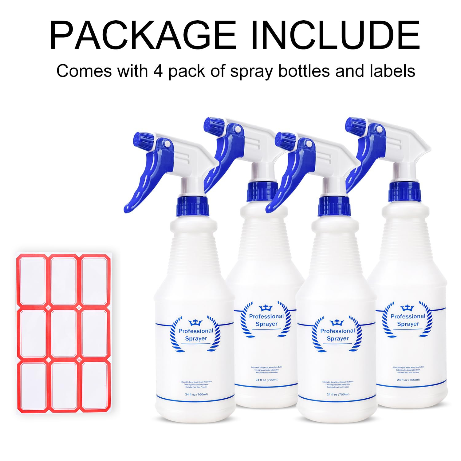 Plastic Spray Bottles 4 Pack, 24 Oz, All-Purpose Sprayer for Cleaning