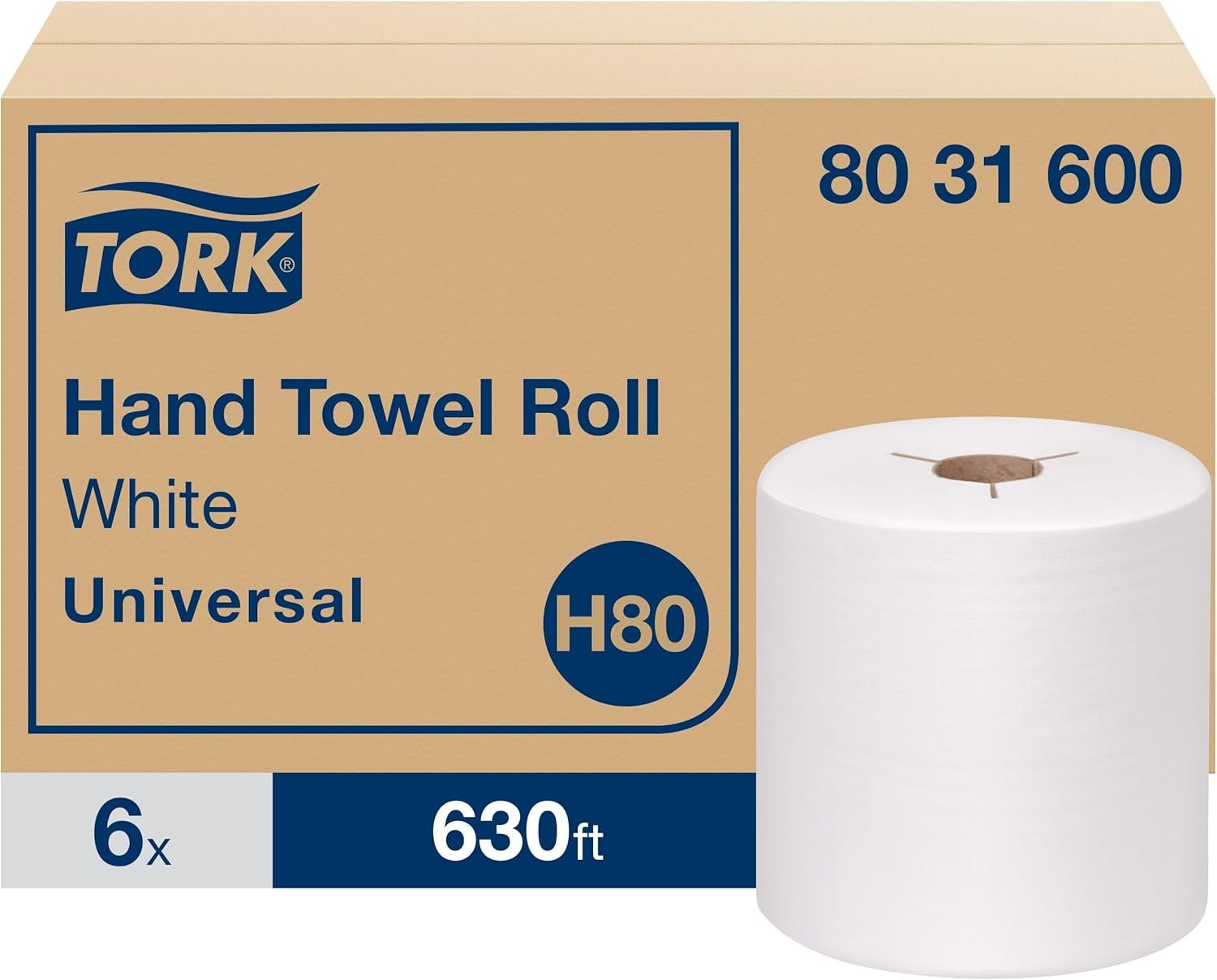 Tork Hand Towel Roll White H80, Universal, 100% Recycled Fiber, 6 Rolls x 630